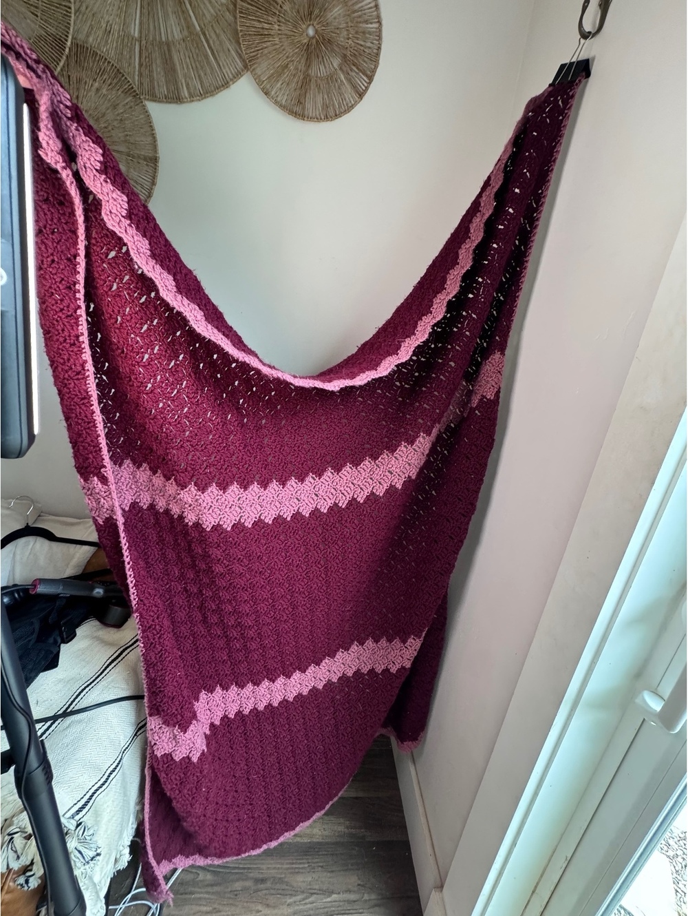 Handmade Crochet Afghan Blanket Burgundy & Pink | Large Throw | Cottagecore